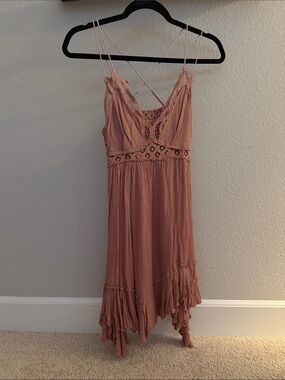 Free People Blush Pink Lace-Trim Spaghetti Strap Midi Dress
